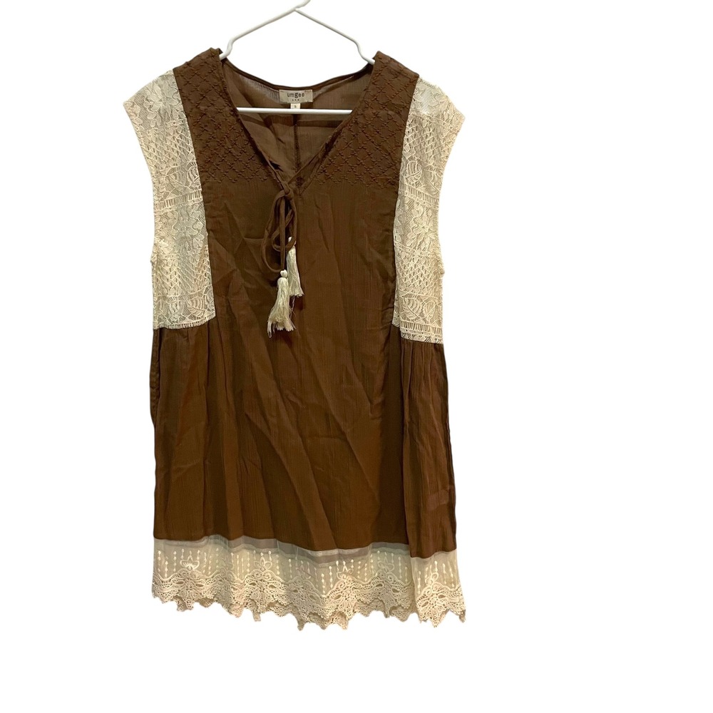 Umgee Brown Lace Tunic Top Womens Small Sleeveless‎ Boho Festival